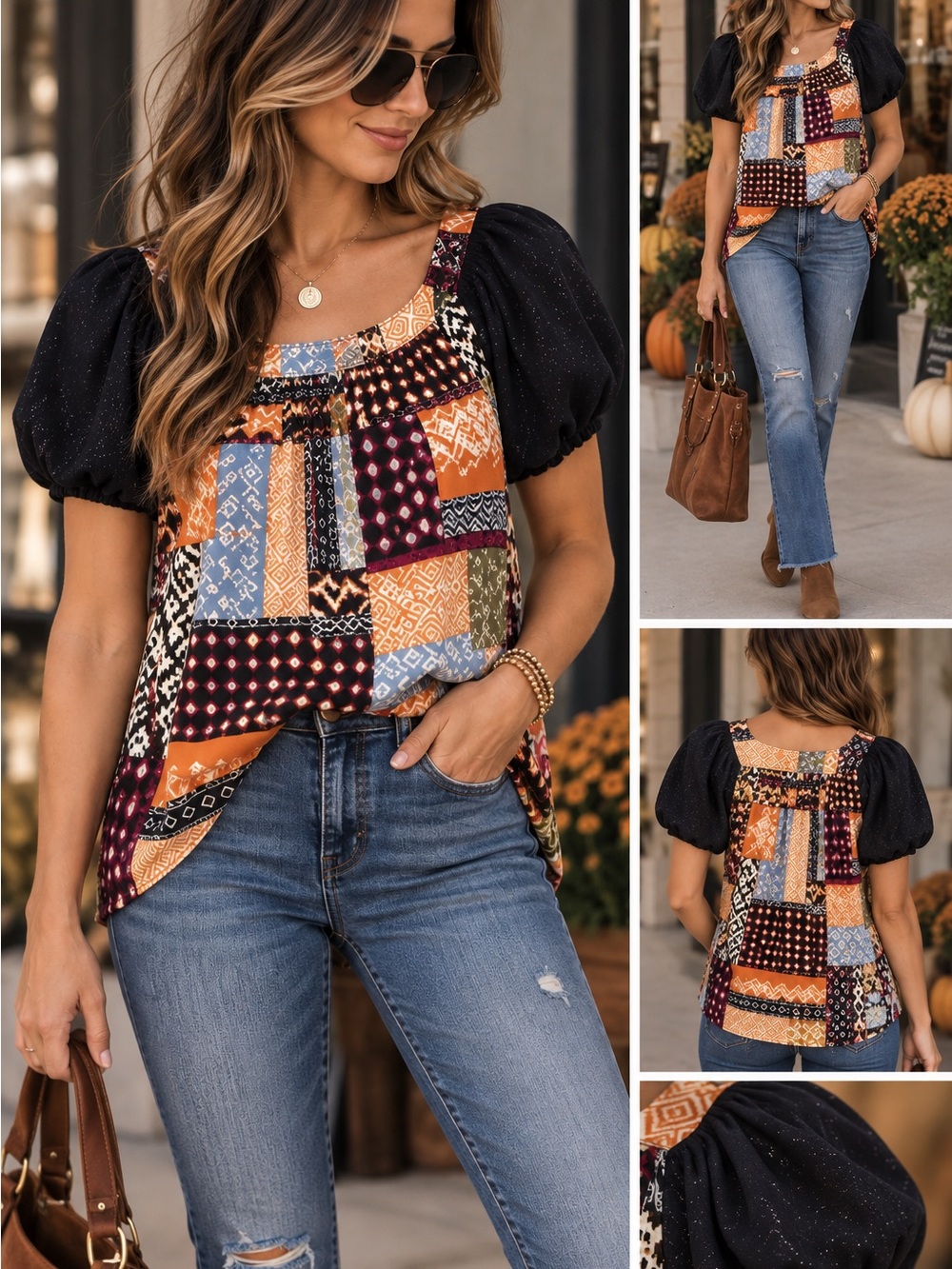 Anthropologie Mauve Patchwork Puff-Sleeve Top
